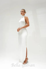 MIGNON SATIN BELT BACKLESS PEARL EMBELLISHED MAXI DRESS IN WHITE