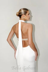 MIGNON SATIN BELT BACKLESS PEARL EMBELLISHED MAXI DRESS IN WHITE