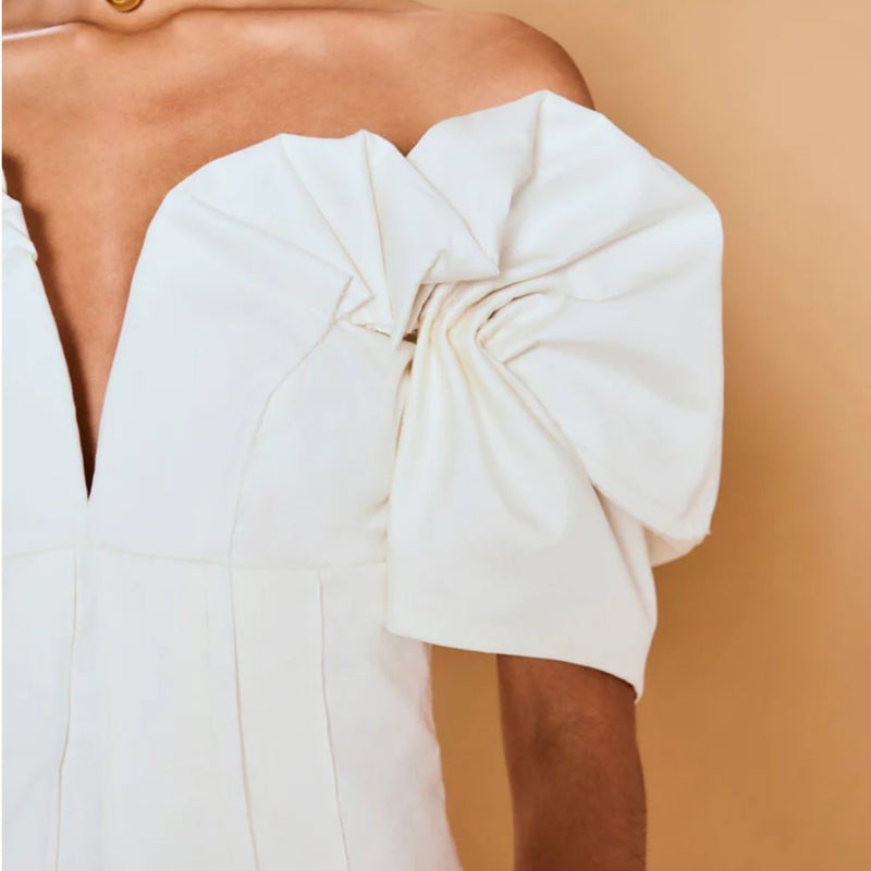 RUFFLED OFF-SHOULDER MINI SILK DRESS IN WHITE