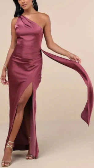 Signature Elegance Mauve Purple Satin One-shoulder Maxi Dress