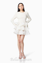 Ruffle trim Long Sleeved Mini Dress in white