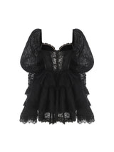 PUFF SLEEVE LACE MINI DRESS IN BLACK