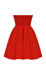 tomato red strapless pleated mini dress