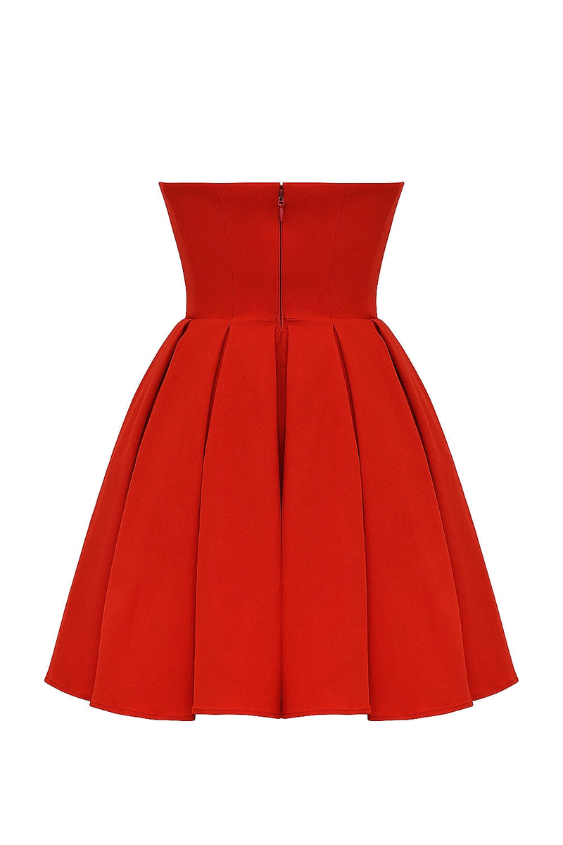 tomato red strapless pleated mini dress