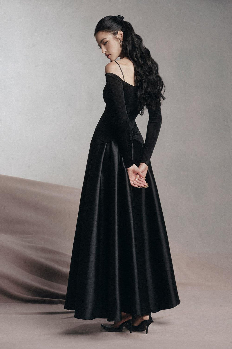 black A-line Cold Shoulder Sleeved Spandex Taffeta Maxi Dress