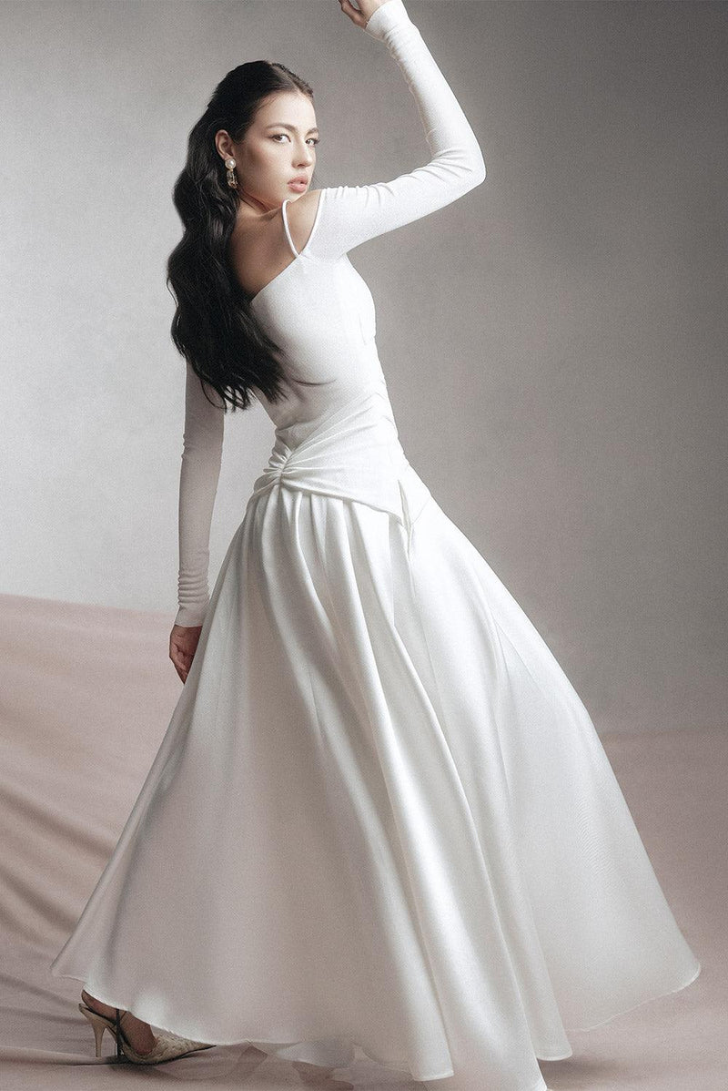 white A-line Cold Shoulder Sleeved Spandex Taffeta Maxi Dress