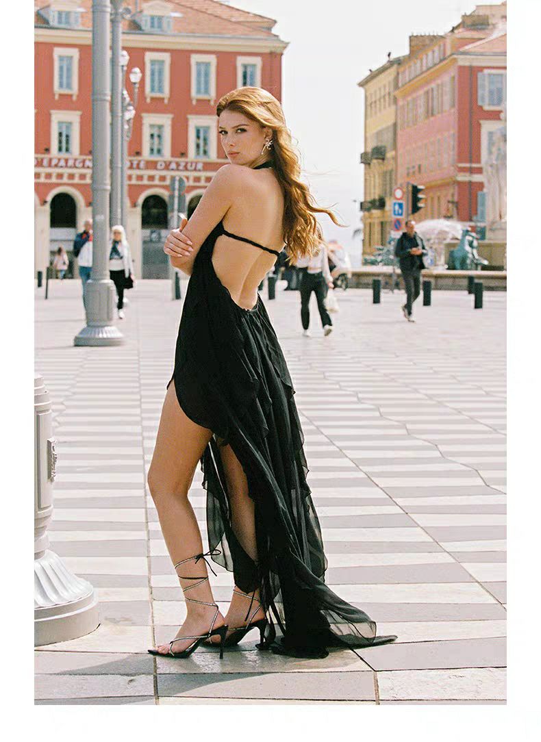 LACE IRREGULAR MAXI DRESS IN BLACK