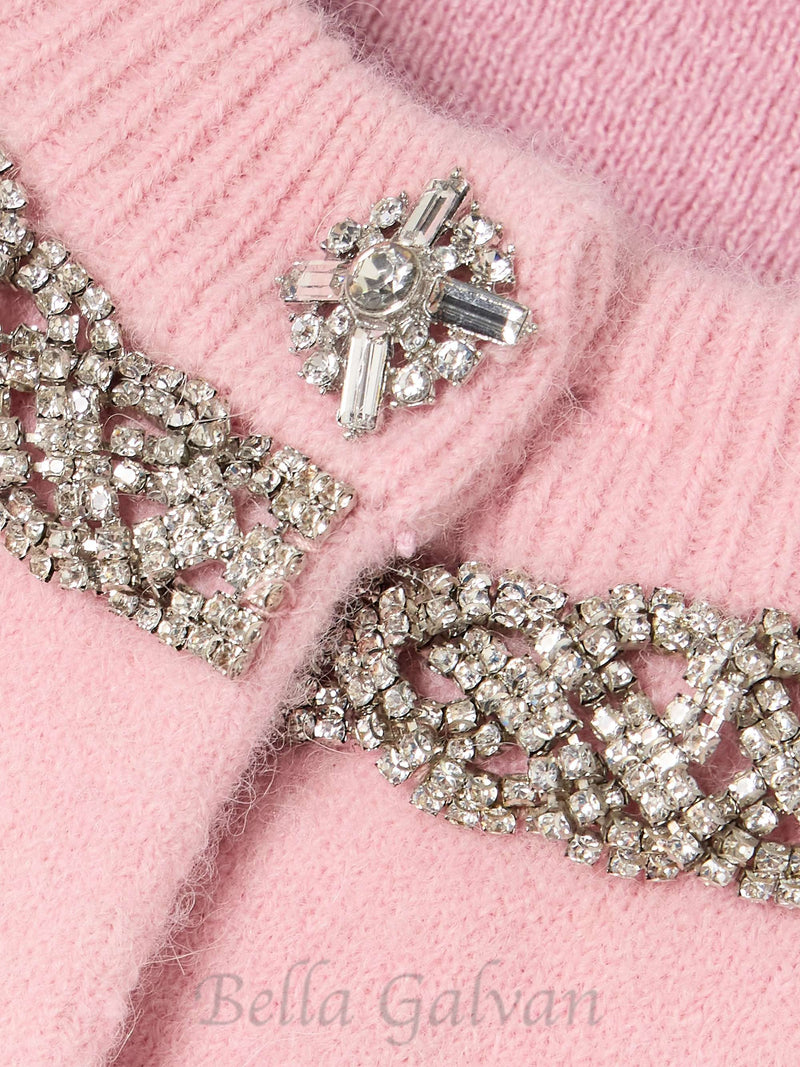 Rhinestone-embellishment padded-shoulders knitted cardigan in pink