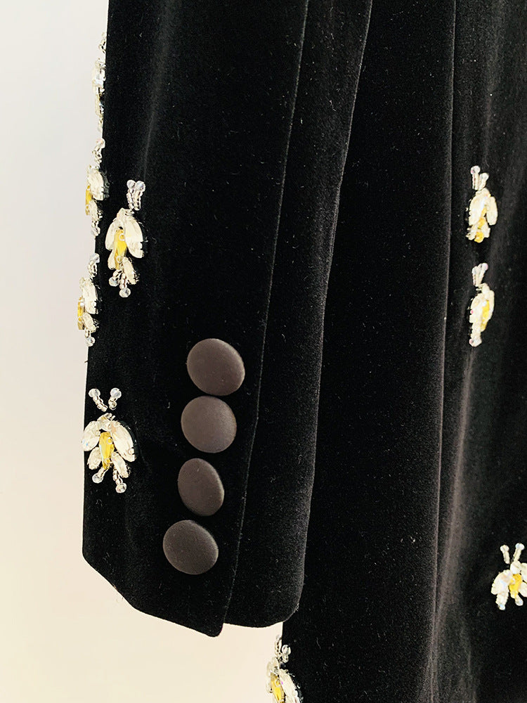 BLACK VELVET BLAZER JACKET WITH RHINESTONE BEES