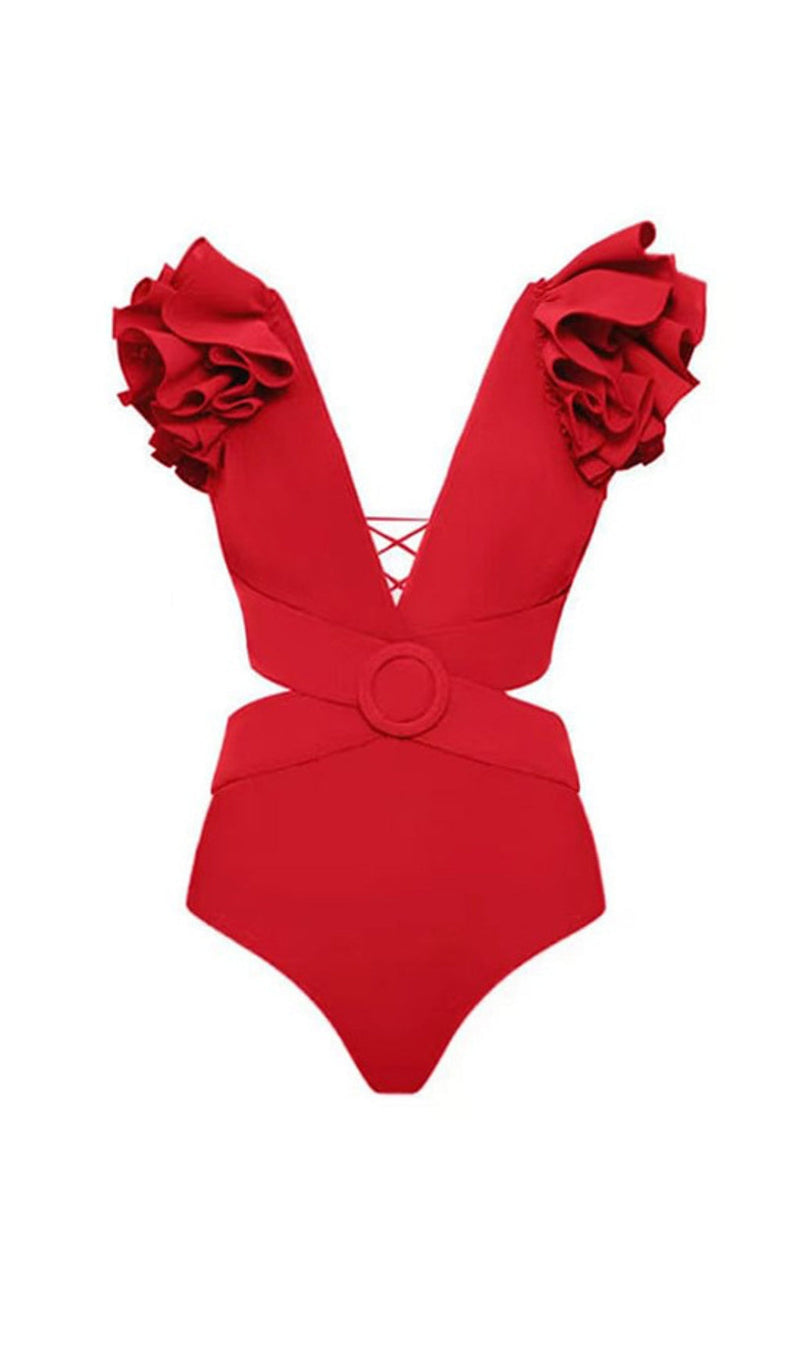 COSTUME DA BAGNO INTERO E GONNA CON TAGLIO ROSSO PROFONDO V