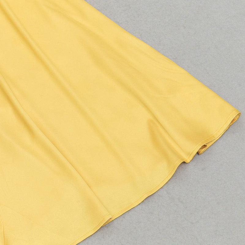 YELLOW LONG SLEEVE RUCHED SATIN MAXI DRESS