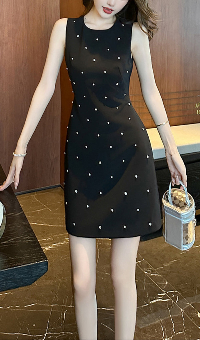 ROUND NECK STUDDED SLEEVELESS MINI DRESS IN BLACK