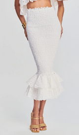 WHITE RUFFLES SKEW COLLAR TOPS & HIGH WAIST MIDI DRESS TWO PIECE SET