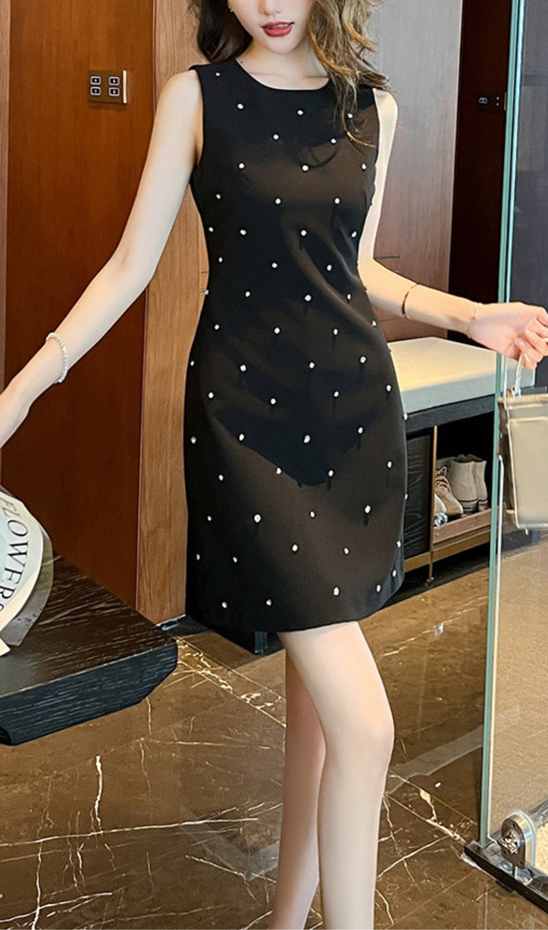 ROUND NECK STUDDED SLEEVELESS MINI DRESS IN BLACK