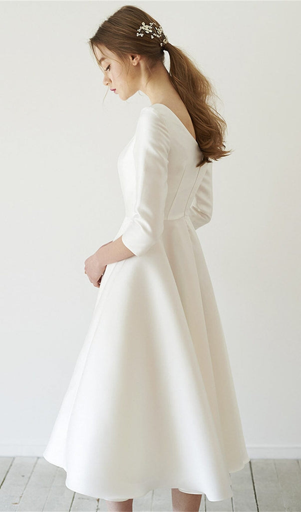 ELEGANT SATIN LONG SLEEVES MIDI DRESS IN IVORY styleofcb 