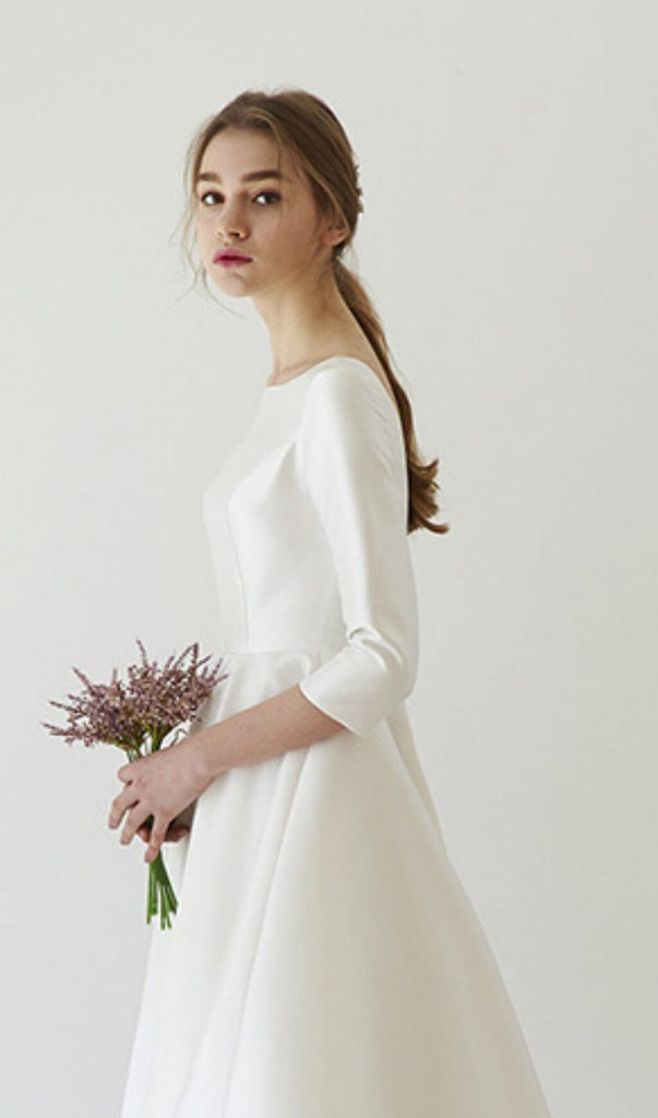 ELEGANT SATIN LONG SLEEVES MIDI DRESS IN IVORY styleofcb 