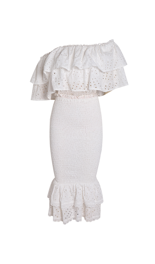 WHITE RUFFLES SKEW COLLAR TOPS & HIGH WAIST MIDI DRESS TWO PIECE SET