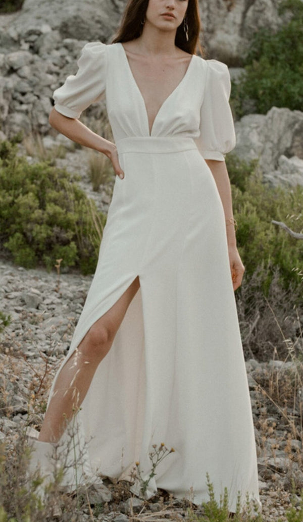 DEEP V HIGH SPLIT MAXI DRESS IN WHITE styleofcb 