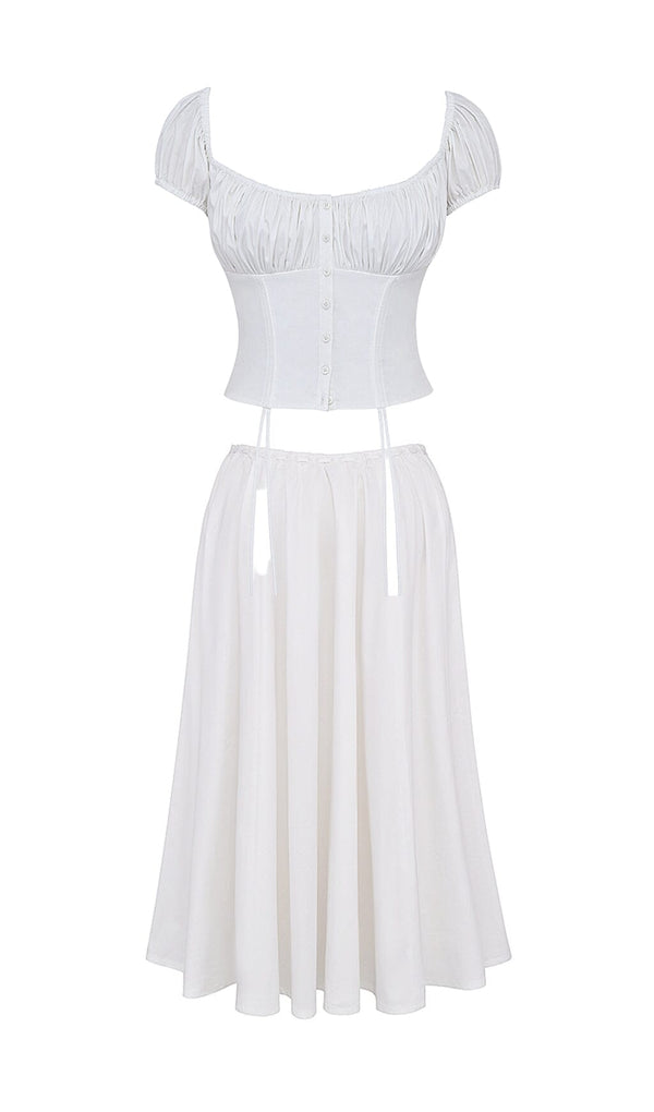 WHITE GATHERED MIDI SET DRESS STYLE OF CB 