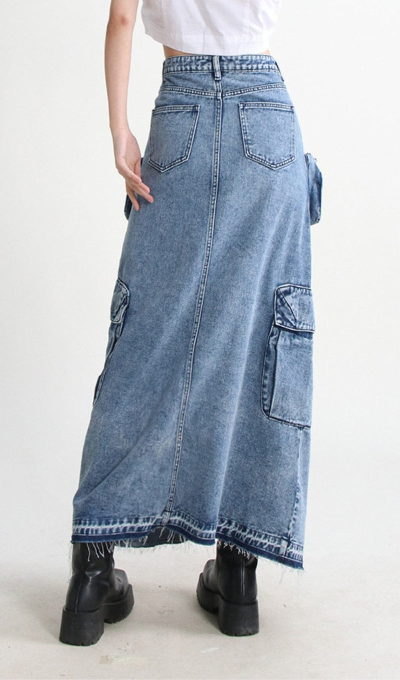 POCKET SPLIT DENIM SKIRT IN BLUE Skirts Oh CICI 