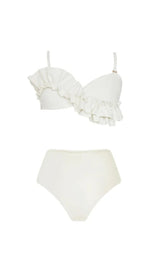 WHITE RUFFLE DETAIL HIGH WAIST BIKINI SWIMSUIT