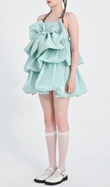 SATIN STRAPPY HEM DRESS IN MINT GREEN