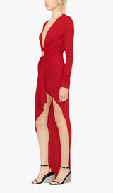 RED V-NECK LONG-SLEEVE SPLIT DRESS