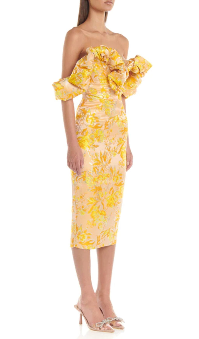 JACQUARD OFF SHOULDER MIDI DRESS IN YELLOW styleofcb 