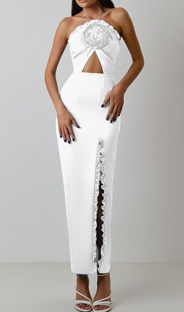 FLORAL EMBELLISHED SLIT MIDI DRESS IN WHITE DRESS STYLE OF CB 