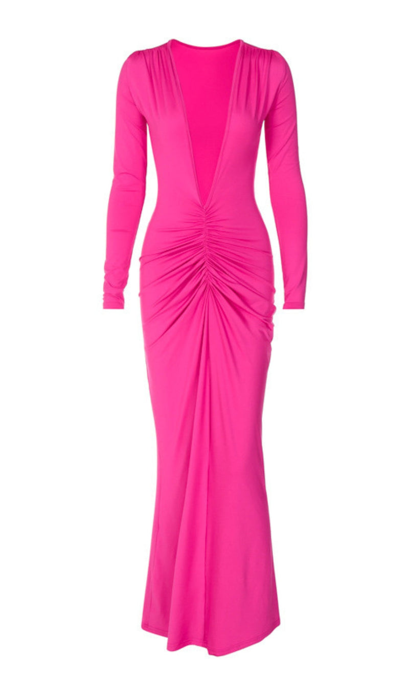 V NECK RUCHED MAXI DRESS IN HOT PINK