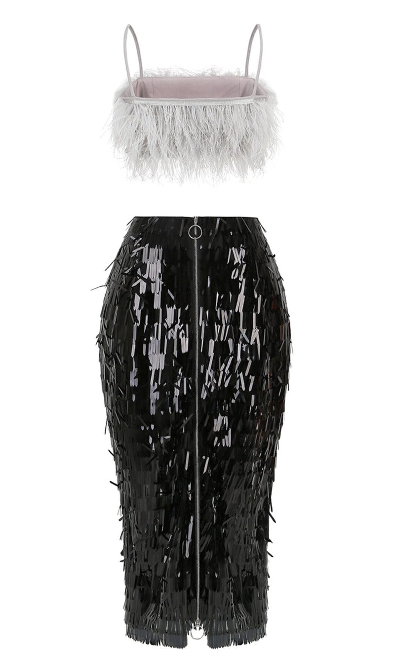 FEATHER TOP SEQUIN MIDI DRESS IN BLACK DRESS STYLE OF CB 