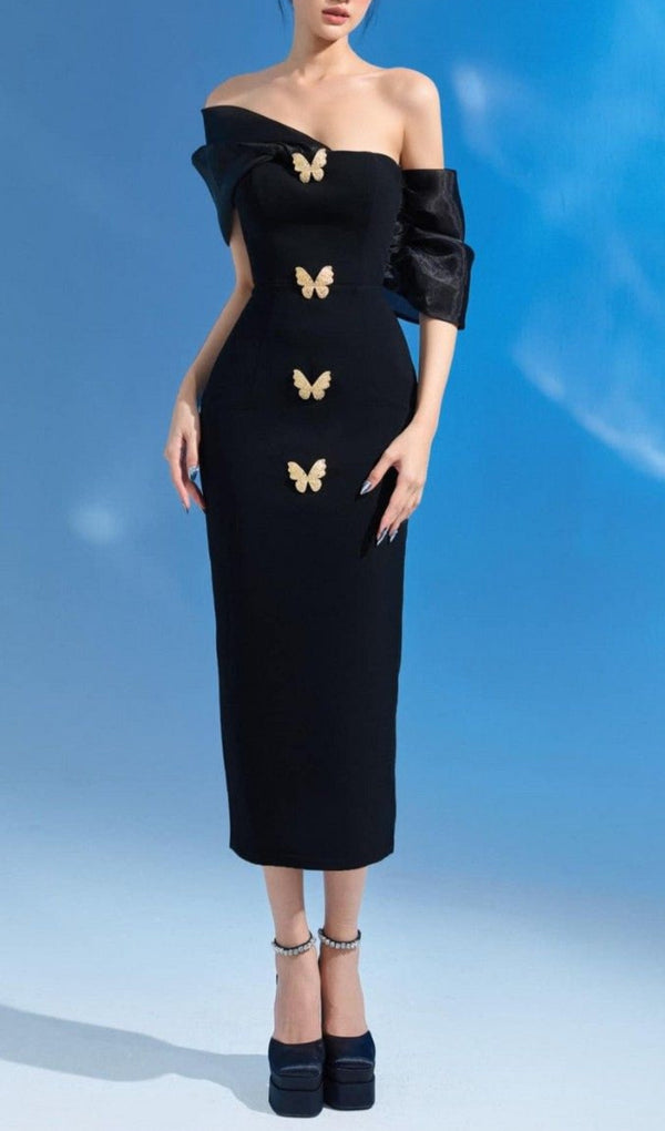 BLACK BUTTERFLY EMBELLISHED MIDI DRESS