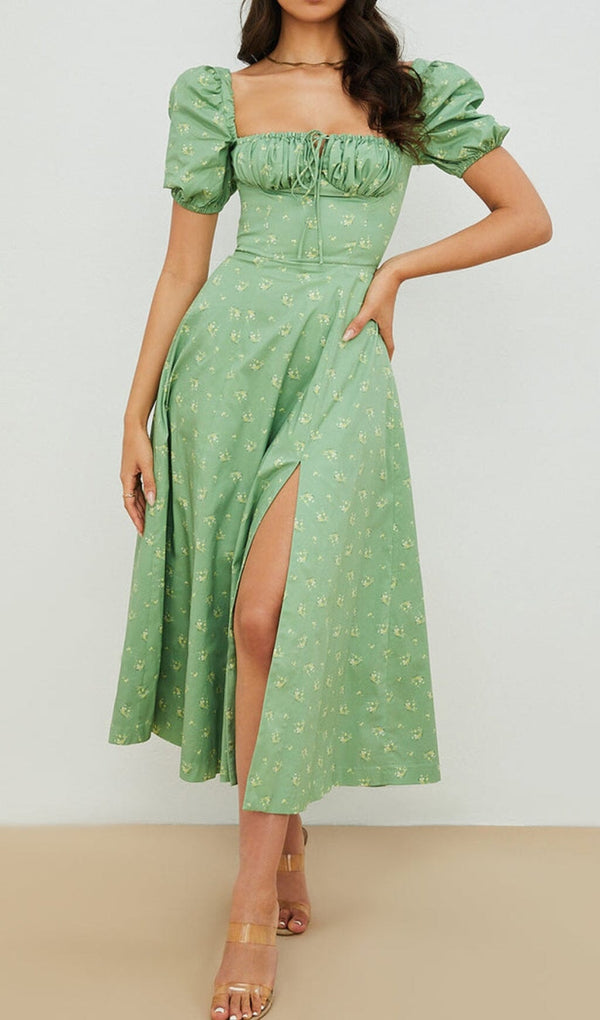 VINTAGE FLORAL PUFF SLEEVE MIDI DRESS IN GREEN styleofcb 