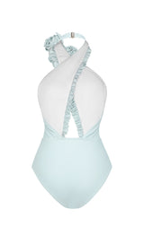 COSTUME DA BAGNO INTERO CON FIORE 3D BLU HALTER E SARONG