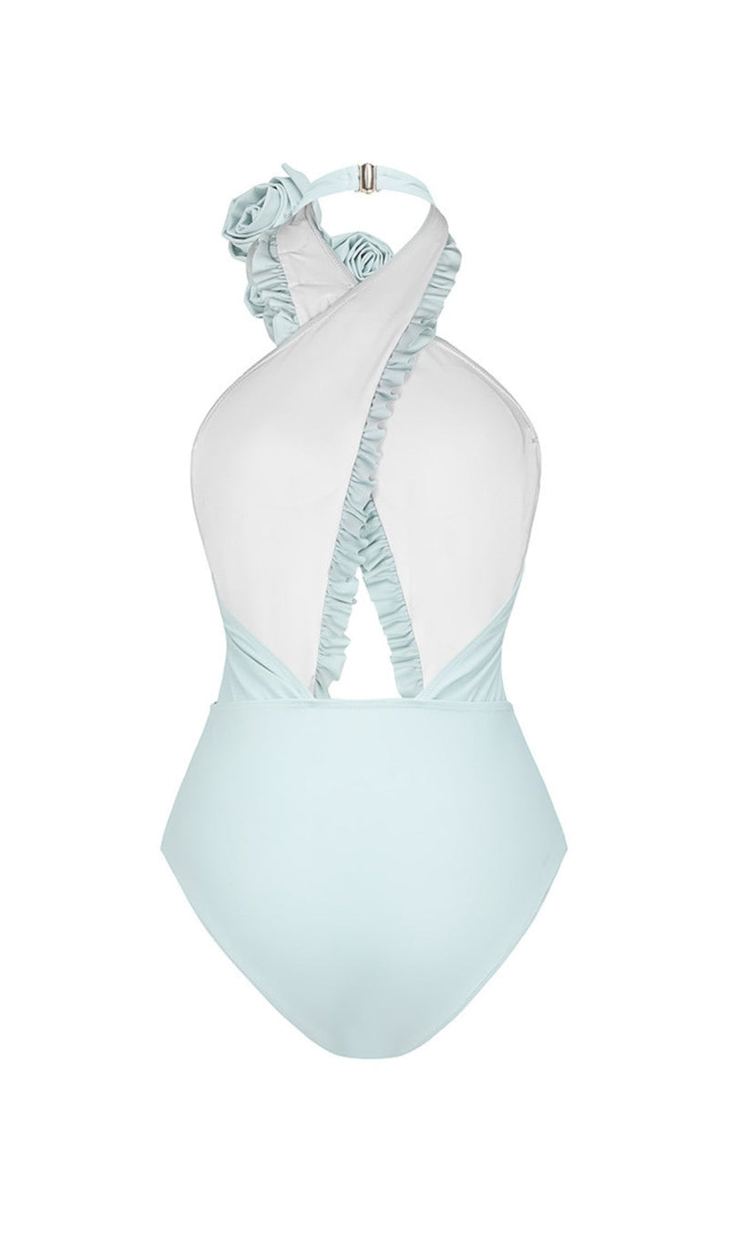 COSTUME DA BAGNO INTERO CON FIORE 3D BLU HALTER E SARONG