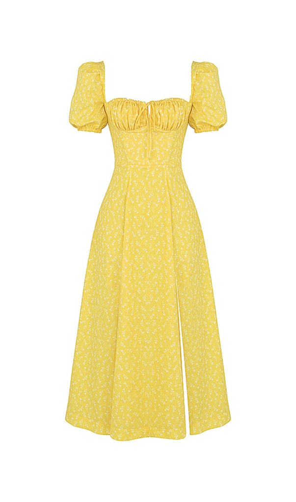 VINTAGE FLORAL PUFF SLEEVE MIDI DRESS IN YELLOW styleofcb 