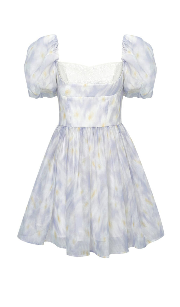 PUFF FLORAL-PRINT MINI DRESS IN GRAYISH-BLUE DRESS STYLE OF CB 