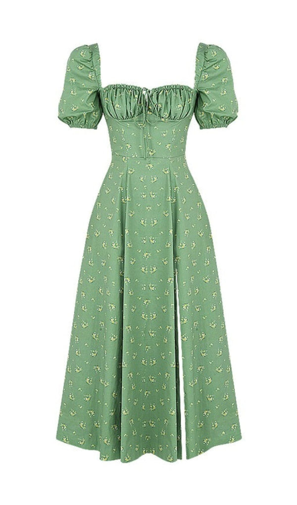 VINTAGE FLORAL PUFF SLEEVE MIDI DRESS IN GREEN styleofcb 