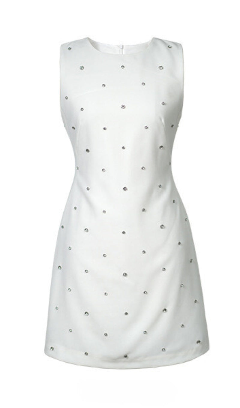 ROUND NECK STUDDED SLEEVELESS MINI DRESS IN WHITE