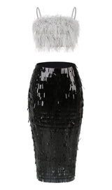 FEATHER TOP SEQUIN MIDI DRESS IN BLACK DRESS STYLE OF CB 