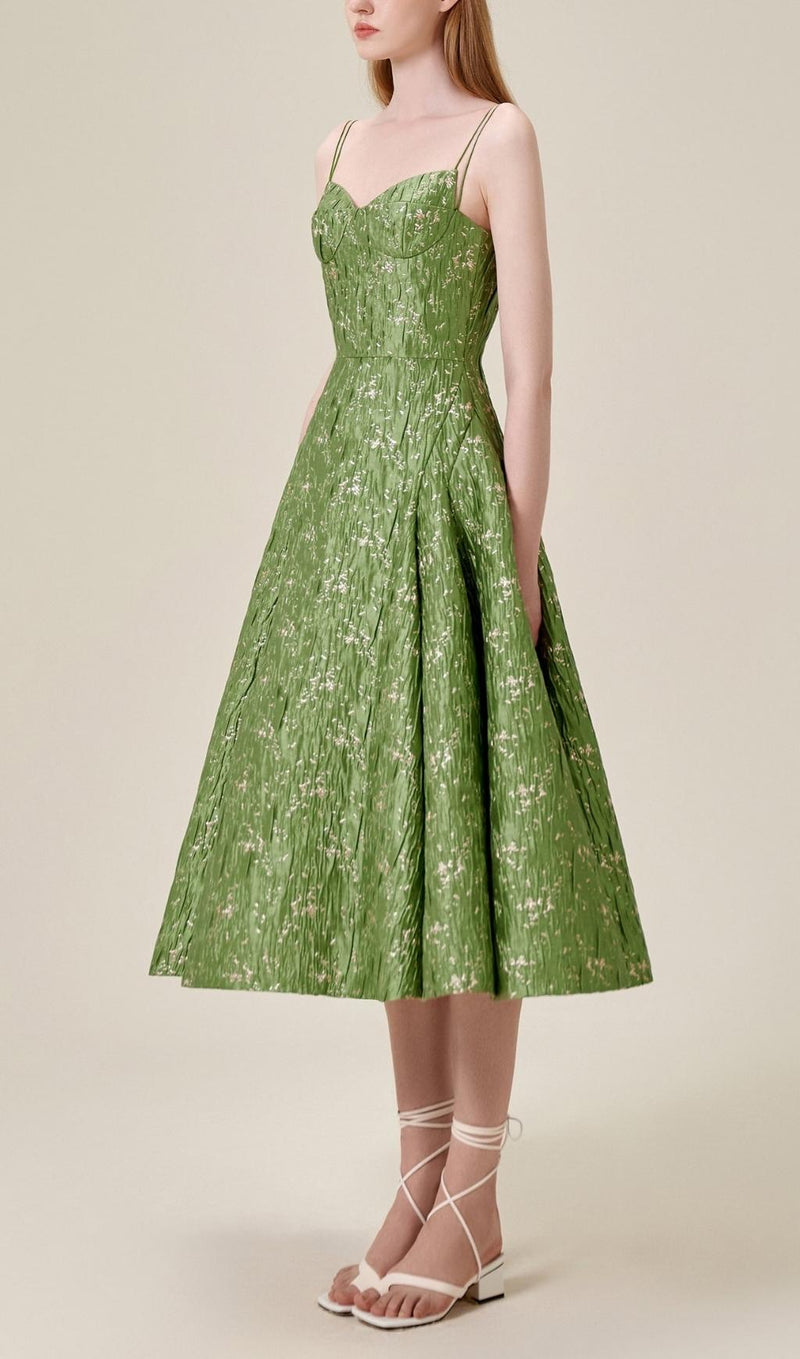 VINTAGE GREEN SUSPENDER JACQUARD MIDI DRESS