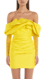 YELLOW OFF SHOULDER RUCHED MESH MINI DRESS