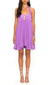 PLEATED HALTER MINI DRESS IN PURPLE