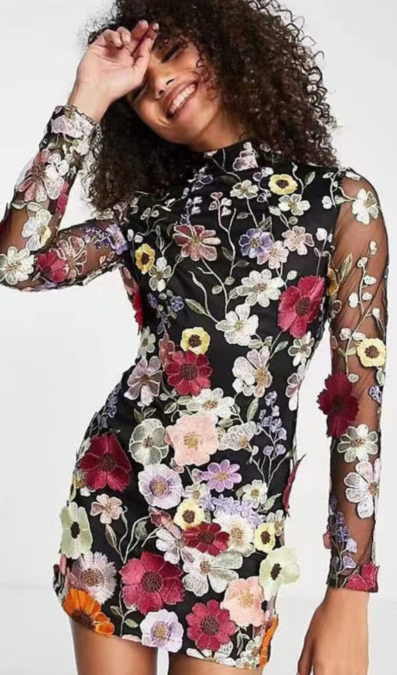 LONG SLEEVE MESH FLOWER MINI DRESS IN BLACK Dresses sis label 