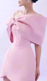 PINK OFF SHOULDER BOWKNOT MINI CORSET DRESS