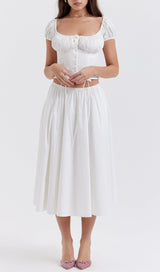 WHITE GATHERED MIDI SET DRESS STYLE OF CB 