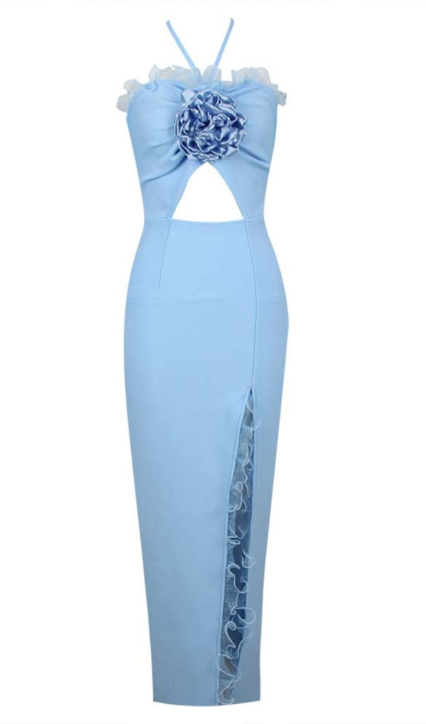 RUFFLE FLOWER-EMBELLISHED MIDI DRESS IN BLUE DRESS STYLE OF CB 