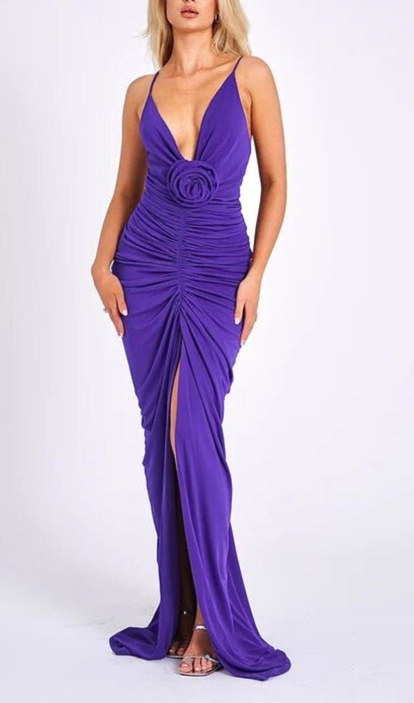 FLOWER-EMBELLISHED PLUNGE MAXI DRESS IN AMETHYST DRESS STYLE OF CB 