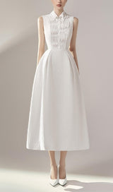 BOW PLEATED SLEEVELESS MIDI DRESS IN WHITE