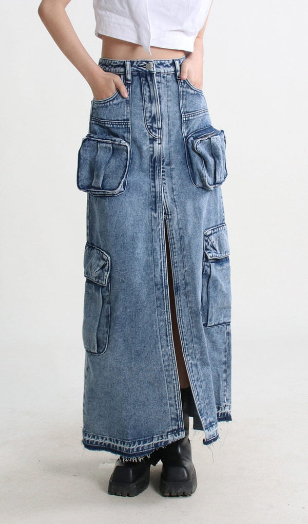 POCKET SPLIT DENIM SKIRT IN BLUE Skirts Oh CICI 